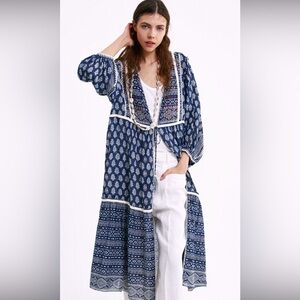Zara embroidered long bohemian blue/white tie front Kimono